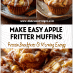 Golden apple fritter breakfast muffins with cinnamon glaze and chunks of fresh apples on a rustic plate.